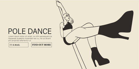 Young sexy female character in lingerie on high hills perform pole dance in fitness studio or competition. Modern fitness classes for women vector illustration. Poledancer stretching or exercising.