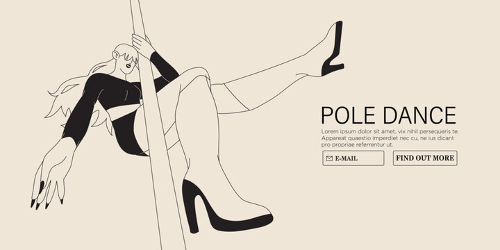 Young sexy female character in lingerie on high hills perform pole dance in fitness studio or competition. Modern fitness classes for women vector illustration. Poledancer stretching or exercising.