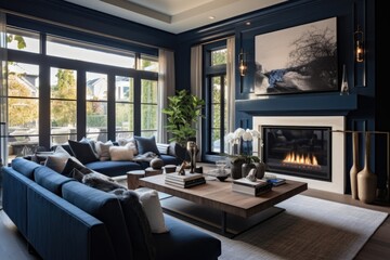 a luxurious main living room interior with a window to view outside's greenery with luxurious blue sofas and a wooden table