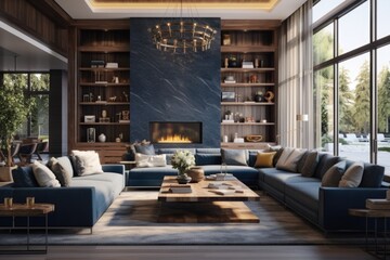 a luxurious main living room interior with a window to view outside's greenery with luxurious blue sofas and a wooden table