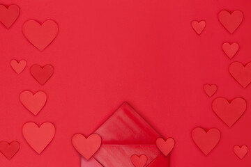 Love letter, Paper envelope and hearts red background. Hearts frame copy space for your text banner