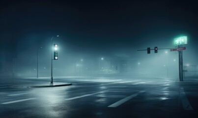 traffic lights and street lights shining at night in an empty road