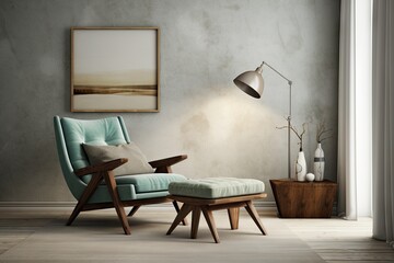 a green armchair is placed with a small green cushion table in a white and grey living room interior beside a lamp during daylight with a painting framed on the wall