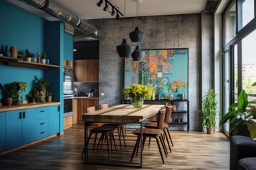 Fototapeta na wymiar a small kitchen with blue and grey walls and wooden dining tables with hanging lights and chairs