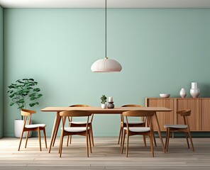 wooden dining room with brown tables and chairs and light green walls in the background with a light hanging from the roof and a plant sitting beside the table