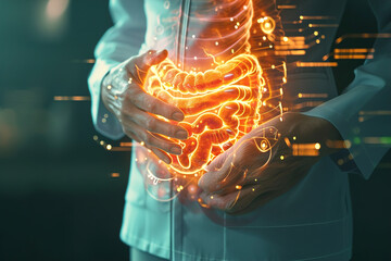 Stomach ache VFX Pain Augmented Reality Animation. Massaging stomach to Ease the pain. Person Experiencing Discomfort in a Result of stomach ache. - obrazy, fototapety, plakaty