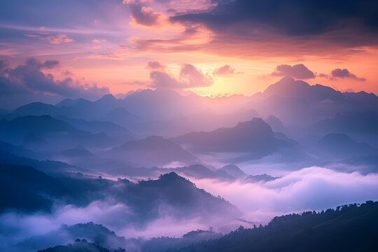 Dramatic mountain landscape: stunning colors, layers of mountains, mist, and lush green forests © Andsx