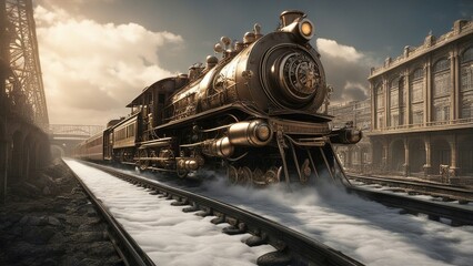 steam train in the countryside  steampunk train that escapes the doom of the world on a   railway.  - obrazy, fototapety, plakaty