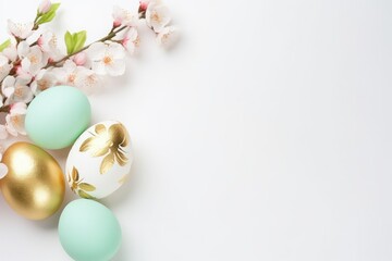 Naklejka na ściany i meble White and gold painted Easter eggs on mint background with copy space.