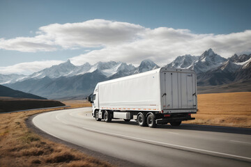 a white cargo truck with a white blank empty trailer for ad . white truck. trailer on the road, highway. Transports, logistics concept. 3d rendering. 