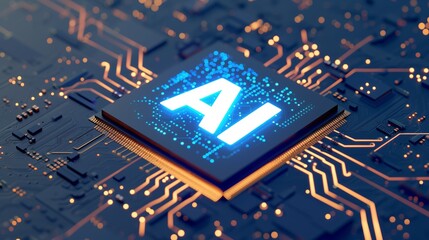 Sophisticated chip, a hologram consisting of two letters "AI", depth of field, abstract electric circuit