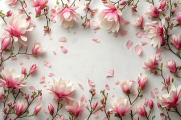 A composition of magnolia flowers and peonies with branches and leaves on a light background, suitable for holiday greetings, weddings, Valentine's Day, and Women's Day.