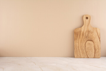 Marble and beige mockup with wooden cutting board empty space