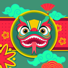 Dragon animal as Chinese New year symbol. Banner design in cartoon style with Chinese paper fan, clouds. Lunar New Year concept