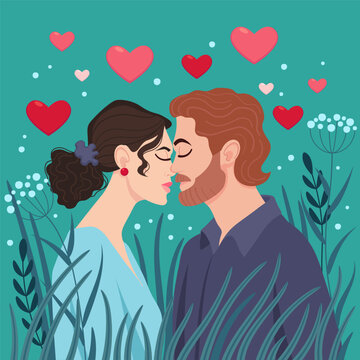 Couple kissing in nature vector illustration. Grass and hearts on background. Love, romance concept