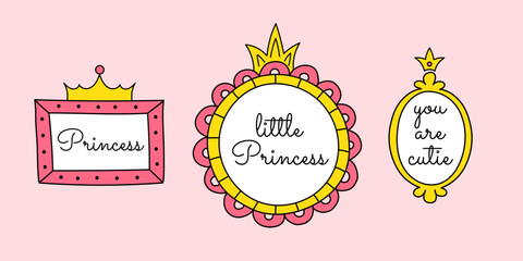 Set of mirror frames with small crowns. Vector hand-drawn doodle elements of different shapes, frames for little princesses. Cute quotes, borders, pink and yellow colors. © Polinmr