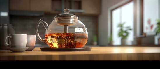 Teapot with herbal tea on table in kitchen, closeup