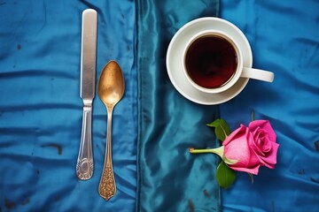 a cup of black coffee, silver spoon and a magenta rose on a blue napkin