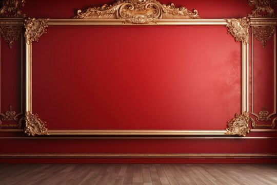 Background mock up luxury empty classic red color wall with gold elements and with frame.