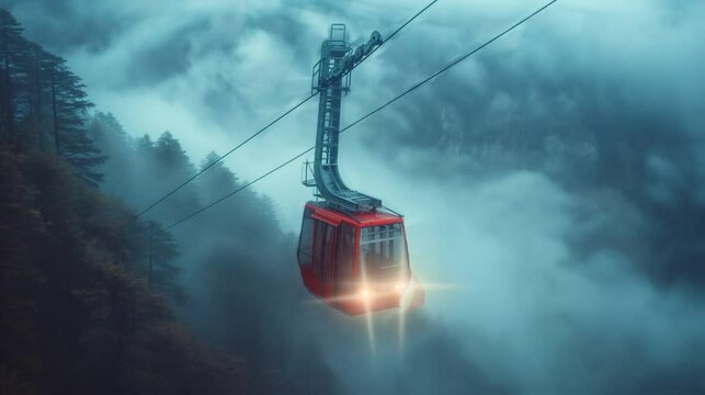 The cable car that was on the way up the mountain, the thick clouds halfway up the mountain, mp4
