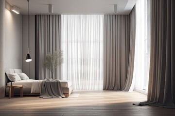 Interior design of a contemporary empty room with gray walls and curtains