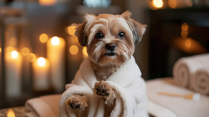 A relaxed wrapped in a spa robe and cap relaxing and enjoys a spa day. concept of services for dogs and pet care