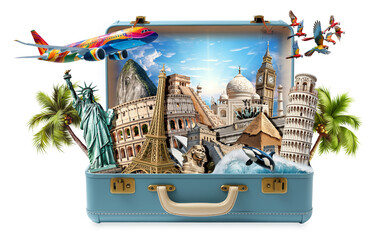 blue retro leather vintage suitcase full of world famous landmarks and sightseeing attractions isolated on white background. World travel tourism vacation concept.