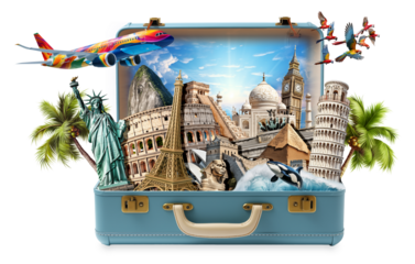 blue retro leather vintage suitcase full of world famous landmarks and sightseeing attractions isolated on white background. World travel tourism vacation concept.