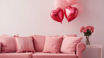 Minimalist Pink Sofa with Rose Bouquet and Heart-Shaped Balloons,Valentine's day concept