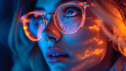 Data analysis with a woman in goggles, delving into complex coding and highlighting the digital framework, algorithm, and insight for innovative automation in a virtual environment.
