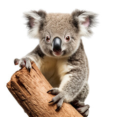 Koala standing on the wooden branch isolated on transparent or white background