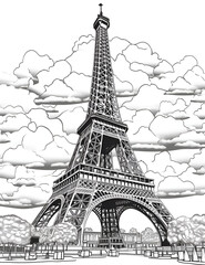 Obraz premium Eiffel Tower Coloring Page, Paris Monument, Ai generative 