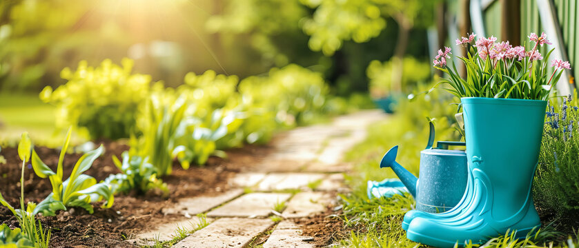 A picturesque garden path lit by sunshine with a blue watering can and rubber boots on a green grass in the foreground in the garden