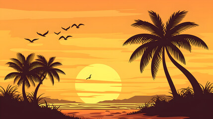 Fototapeta na wymiar Tropical Beach Sunset: Silhouetted Palm Trees and Adventurous Figure, Concept of Serenity, Exotic Vacation, and Nature’s Beauty