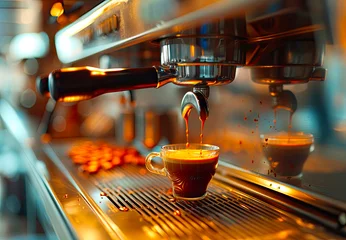 Foto auf Acrylglas Kaffee Bar Espresso on a coffee maker, coffee grains in the background