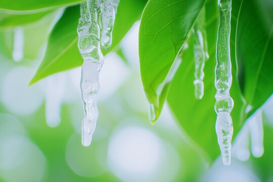 Melting Icicle With A Bright Green Leaf Backdrop