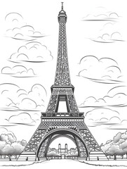 Fototapeta premium Eiffel Tower Coloring Page, Paris Monument, Ai generative 