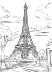Obraz premium Eiffel Tower Coloring Page, Paris Monument, Ai generative 