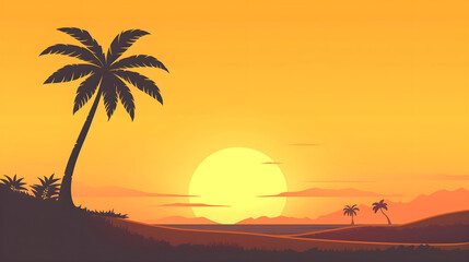 Concept of Tranquility and Natural Beauty: Majestic Sunset with Radiant Sun, Silhouetted Palm Trees, and Reflective Water Body in a Serene Landscape