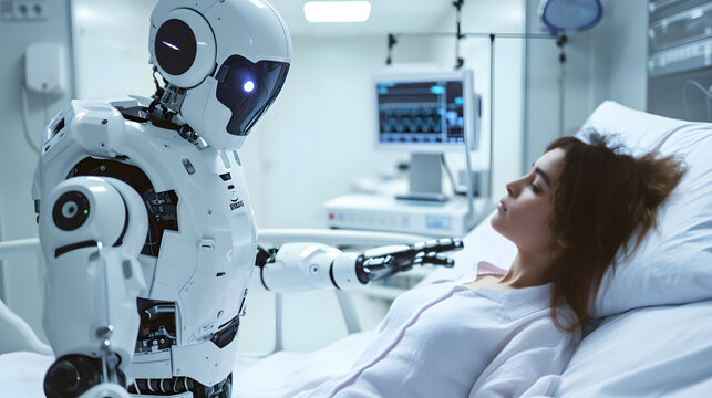 futuristic healthcare concept with diagnostic healthcare robot examining female patient in hospital