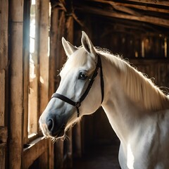 a white horse standing next to a wooden wall near a door