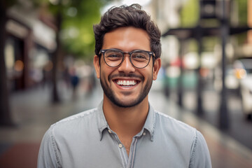 Fototapeta na wymiar portrait of a smiling, bearded young South American man wearing gray shirt an glasses