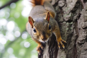 Naklejka na ściany i meble squirrel facetoface with the camera, on a tree trunk