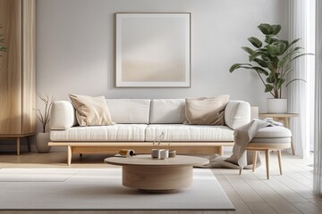 Close up of a wooden panel in a contemporary Scandinavian living room with a white fabric sofa and furnishings. Zen inspired minimalist interior design concept, modern architectural model,