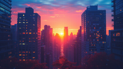 Fototapeta premium Watch the ideal dawn unfold over a city skyline silhouette, with towering skyscrapers in a scenic urban landscape, creating a panoramic cityscape that captures the essence of modern architecture