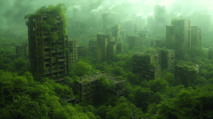 The state of cities that became deserted after the end of the human era. - obrazy, fototapety, plakaty