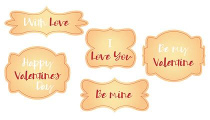 Valentines Day decoration vintage golden frames set isolated on white background.  Love banners