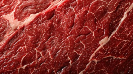 Background or texture of a detailed close-up showcasing the rich marbling of raw beef, with visible fat veins and seasoning