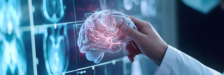 doctor examine patient brain functions and blood vessel on virtual interface. Medical technology and healthcare treatment to diagnose brain disorder and neurological disease - obrazy, fototapety, plakaty