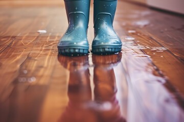 closeup of feet in rubber boots amid puddled water on hardwood